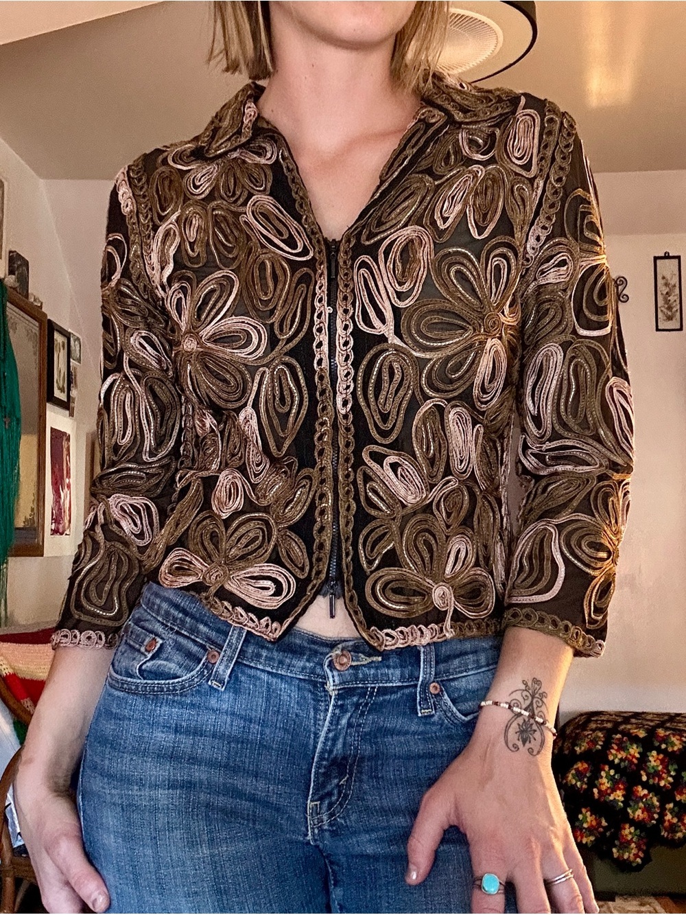 Embroidered Black & Olive Zip Jacket